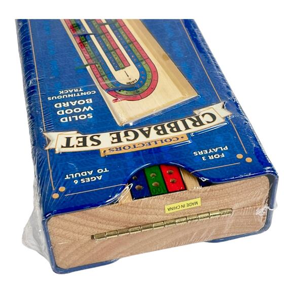 Deluxe Cribbage Set Metal Box Solid Wood BOARD GAME 3 Player Track Playing Cards - Picture 2 of 6